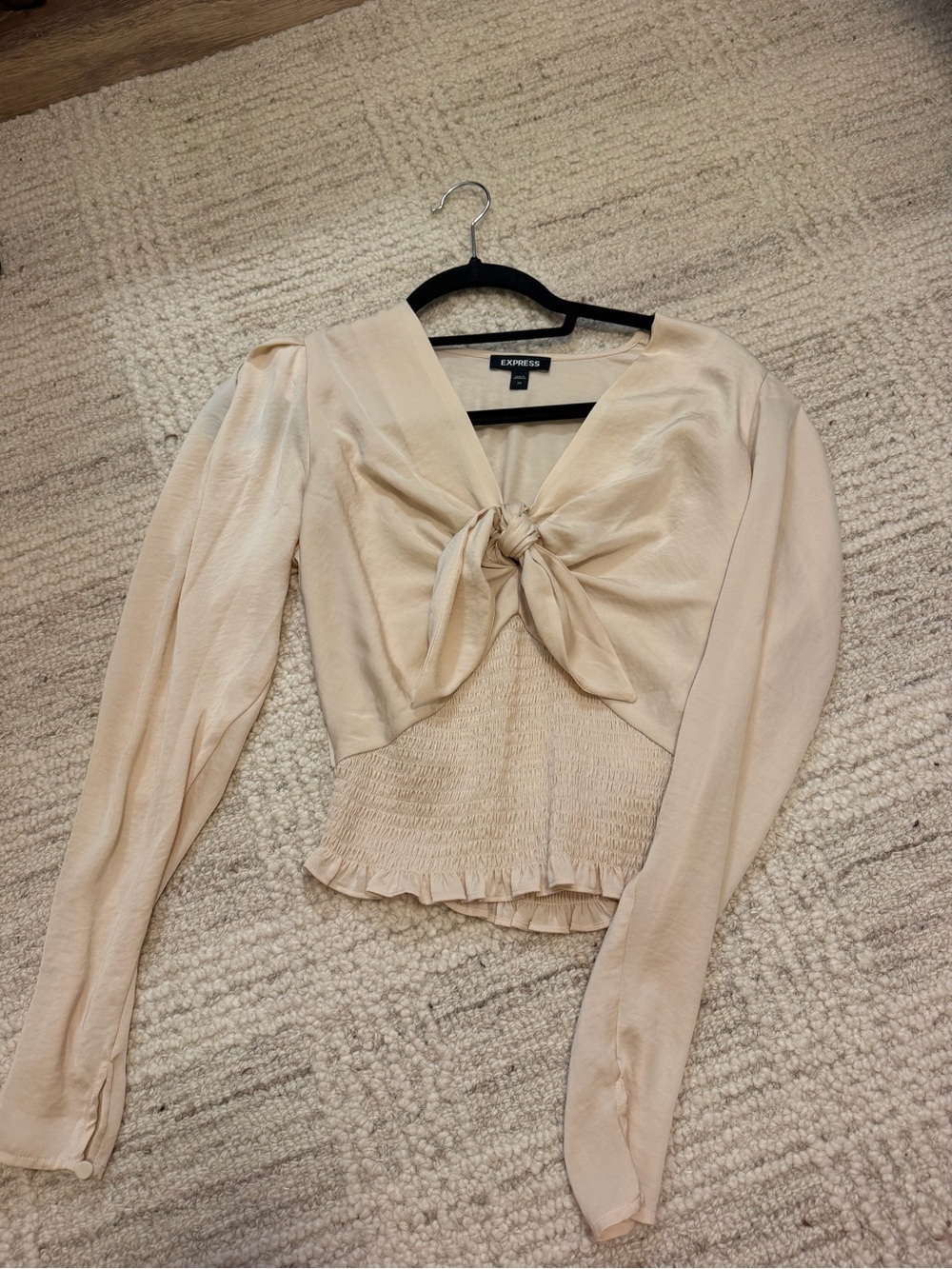 Express SATIN TIE FRONT SMOCKED WAIST LONG SLEEVE TOP